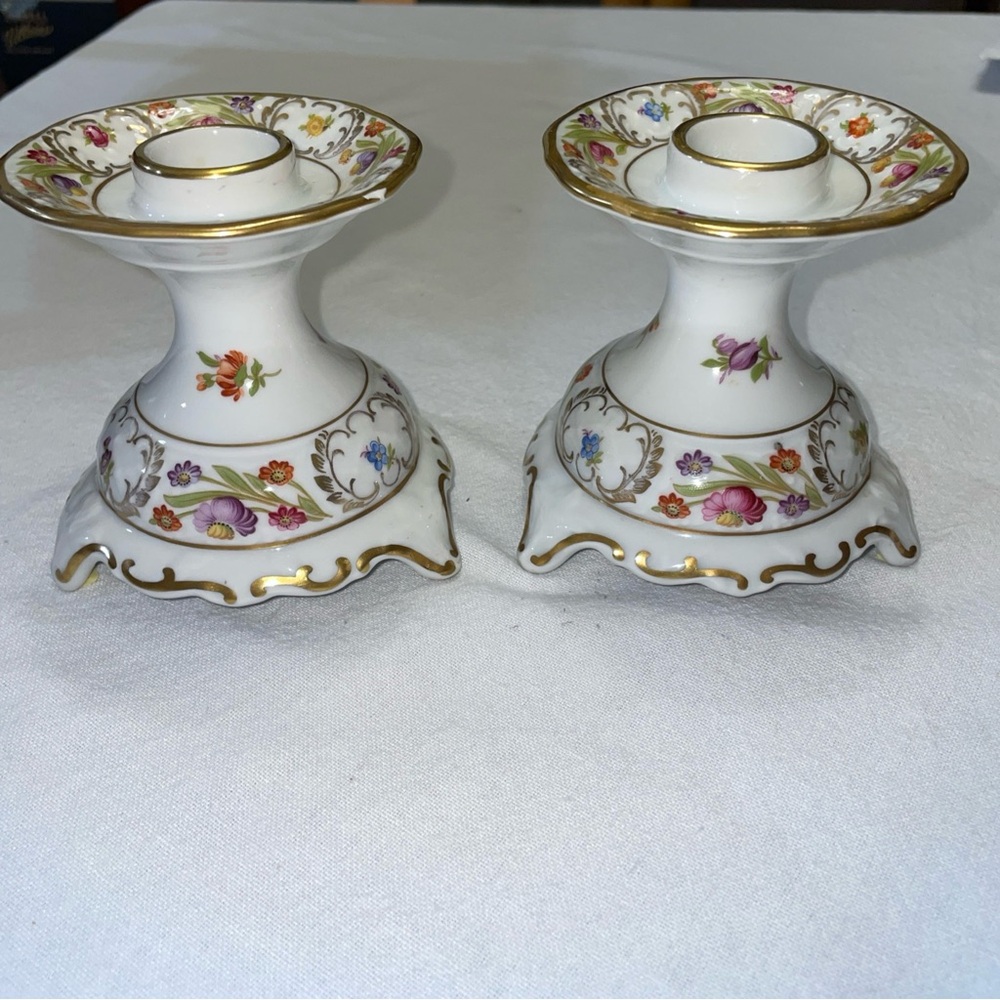 Vintage Pair of Bavaria Floral Candle Holders with Gold Trim